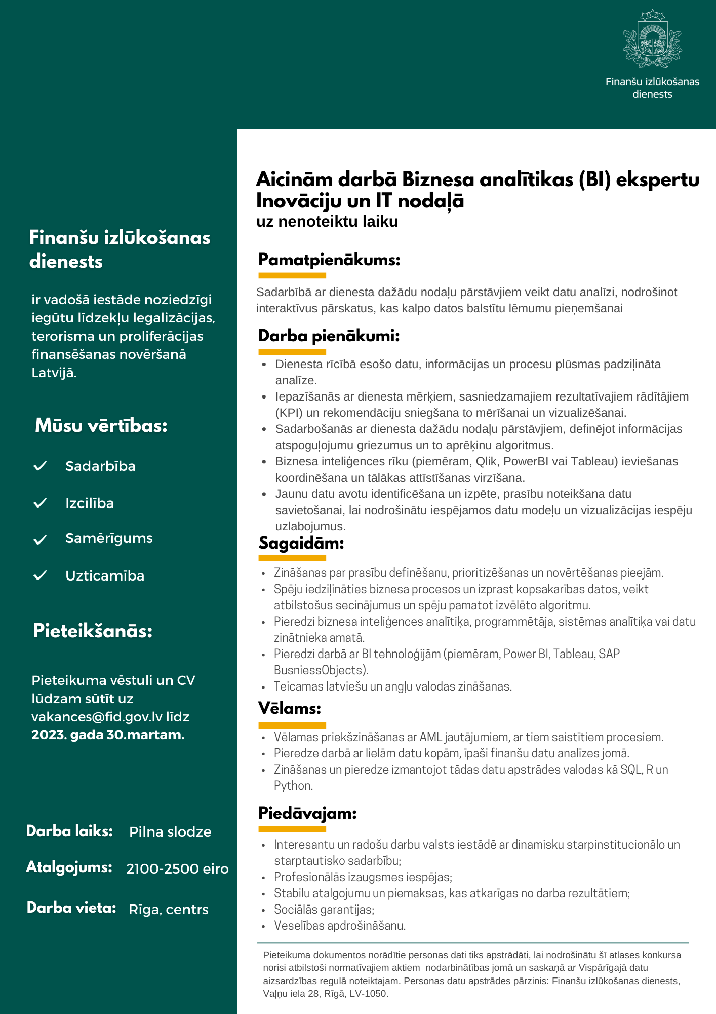Biznesa analītikas eksperts | Finanšu izlūkošanas dienests